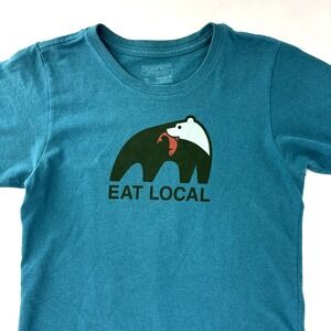 Patagonia Teal Blue EAT LOCAL Upstream T-Shirt Womens Size XS Responsibili-tee